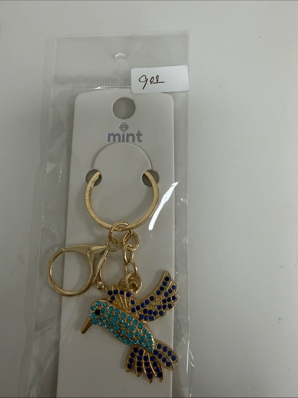 Mint Gold Hummingbird Key & Card Holder with Blue and Turquoise Crystals